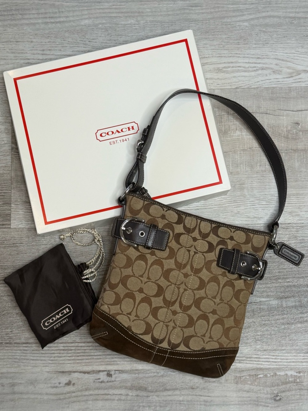 Coach Signature Soho Duffel Shoulder Bag Jacquard Canvas Khaki F05M-3577
